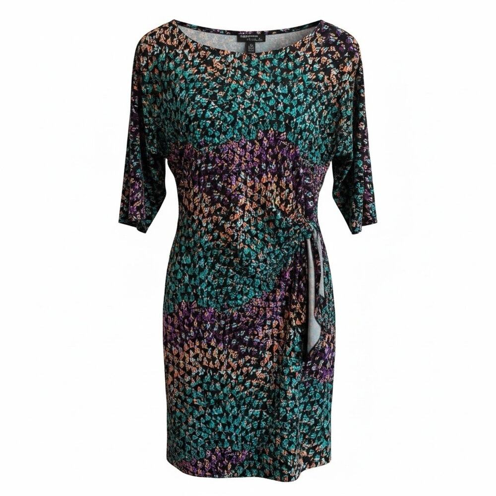 Robbie Bee FAUX WRAP Dress Colorful Geometric Print Artsy Side Tie Size M Petite